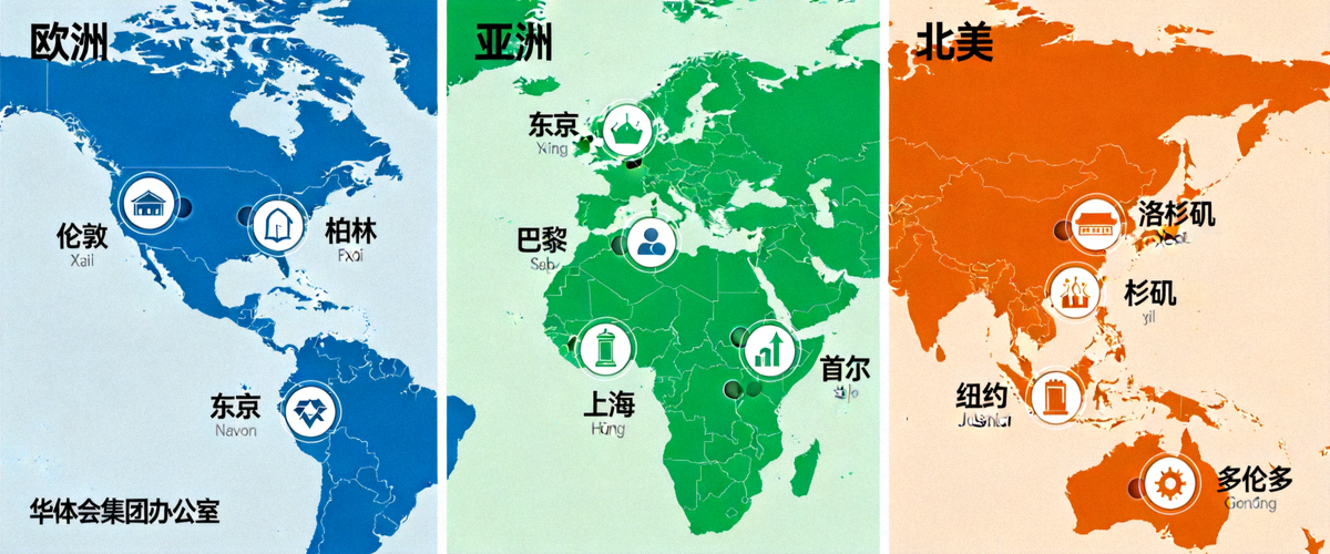 华体会集团全球办公室分布地图，展示欧洲、亚洲及北美主要城市联络点